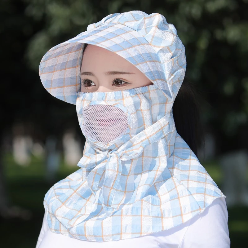 夏季女防晒遮脸太阳帽新款格子采茶帽防风骑车遮阳帽透气口罩帽