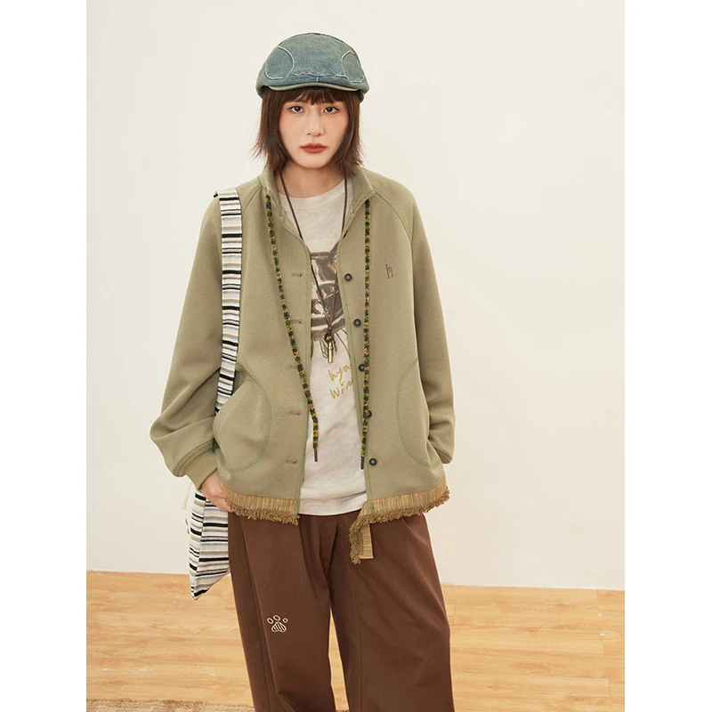 hothorse/火山马WT08210复古绿针织复古编织装饰绳运动撞色外套