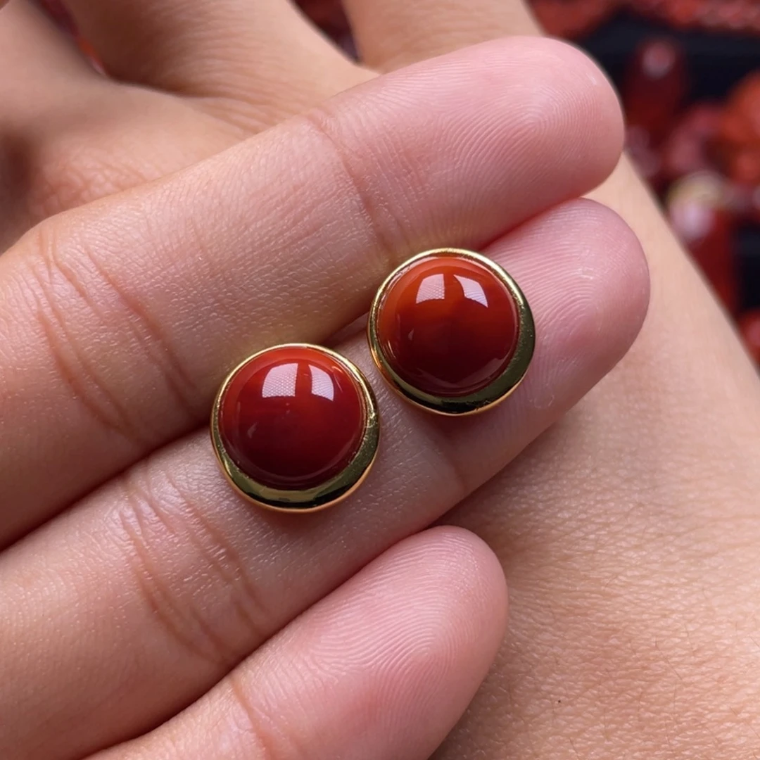 南红玛瑙珠宝奇石银S925镶嵌耳钉