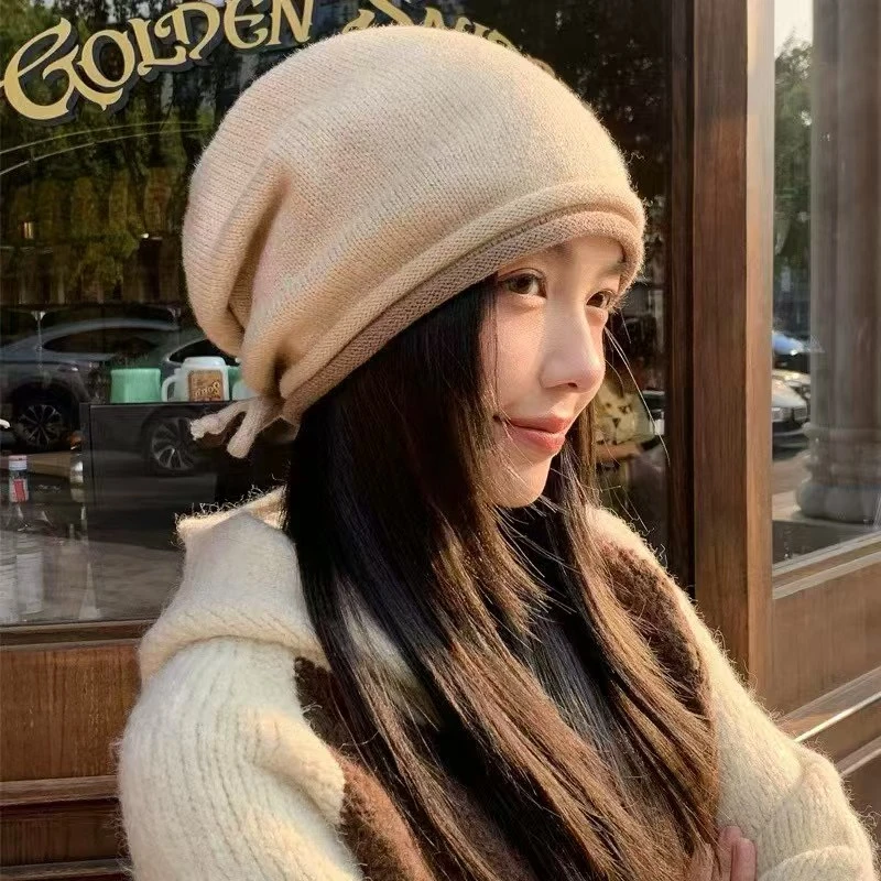 纯山羊绒帽子女保暖护耳显脸小堆堆帽韩系宽松大头围纯色包头冷帽