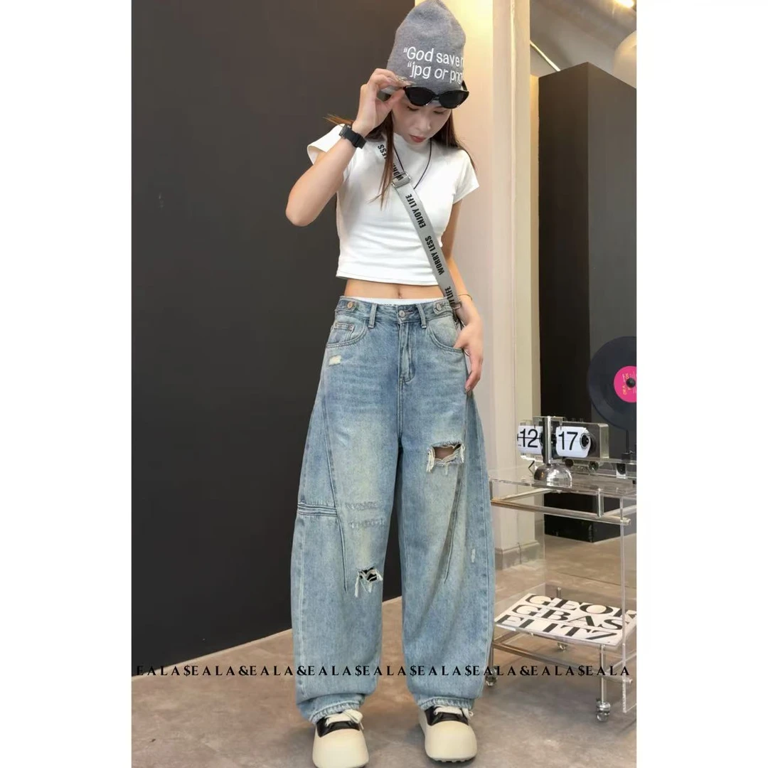 KANI EZ8653-夏季新款小破洞高级显瘦无弹水洗美式老爹堆堆裤