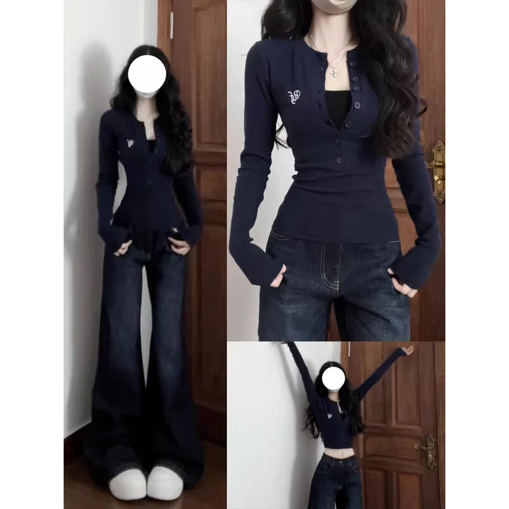 美式辣妹半开领打底衫女春秋内搭高级感辣妹修身显瘦长袖t恤上衣