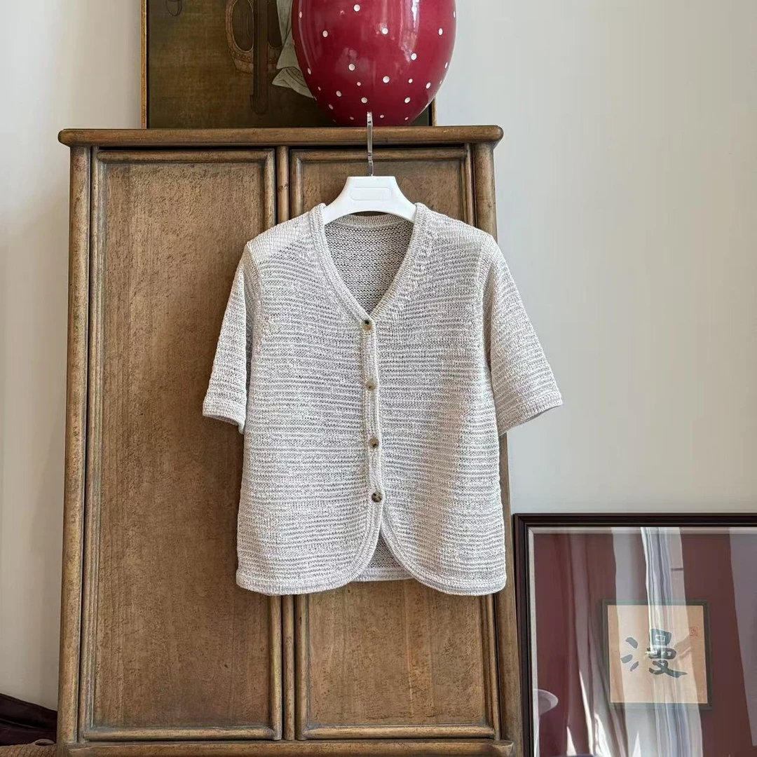 MYL  2025夏季新品锦棉米灰色镂空针织开衫V领短袖单排扣针织衫