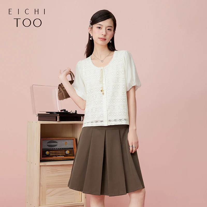 爱居兔夏季新款优雅时尚蕾丝拼接短袖雪纺衫ENSBJ2P013A