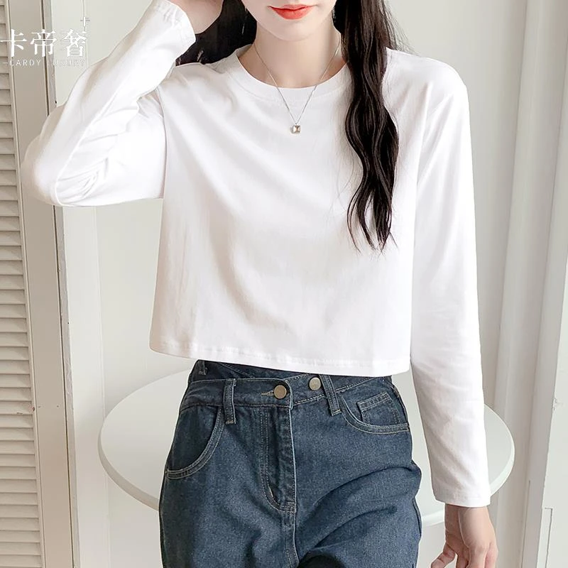 卡帝奢白色短款t恤女长袖早秋上衣2025新款内搭打底衫高腰露脐体