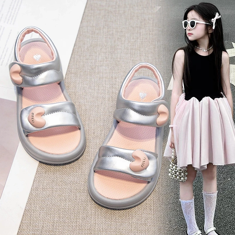 ABC女童鞋子儿童公主凉鞋2025夏季新款宝宝女孩大童爱心罗马凉鞋