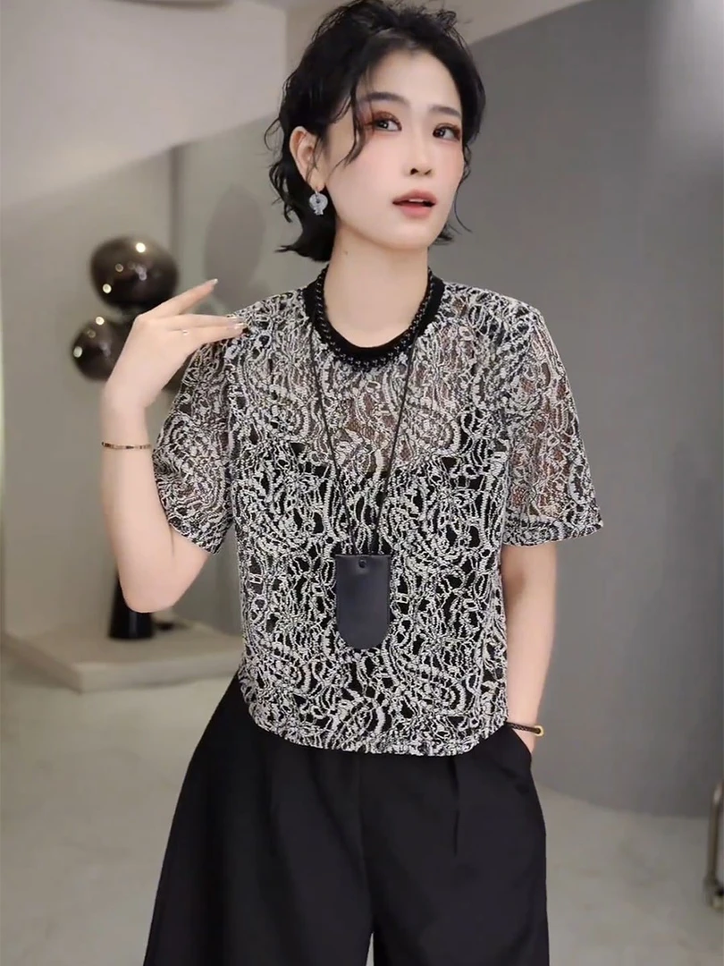 高端欧货2025年夏季新款圆领撞色钩花镂空时尚气质短袖T恤女上衣