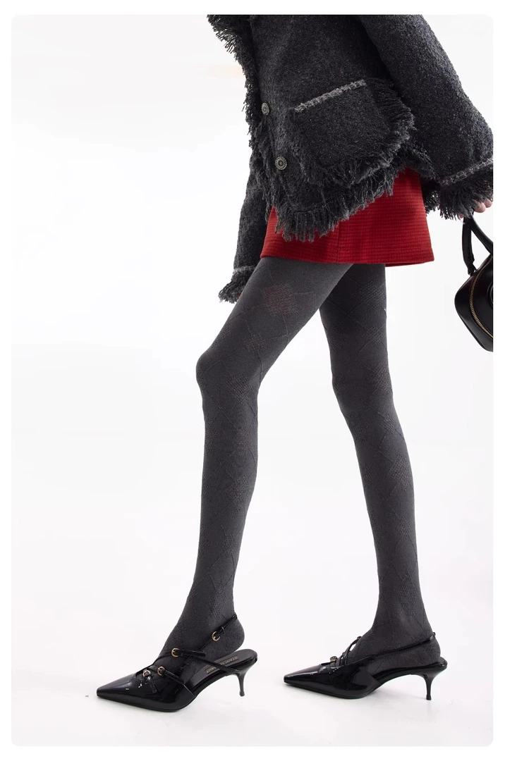 菱形格纹连裤袜女复古文艺格雷系灰色打底袜子显瘦打底裤袜女秋冬