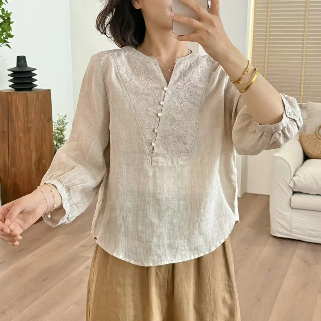 常樂家2025夏季新款纯苎麻刺绣小v领衬衫上衣931