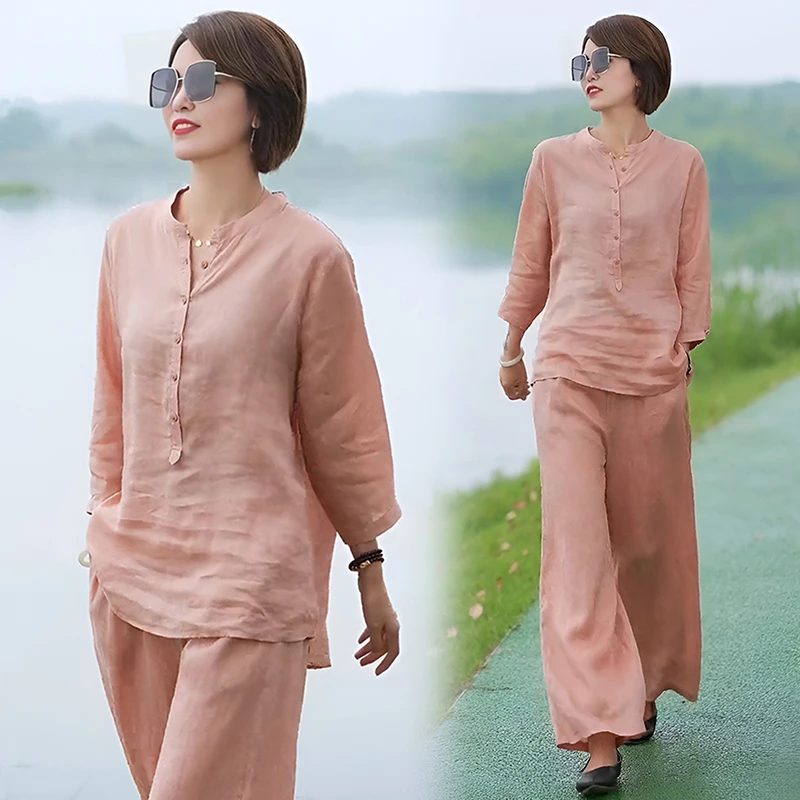 2025新款套装女文艺大码时尚七分袖上衣百搭阔腿裤防晒纯色两件套