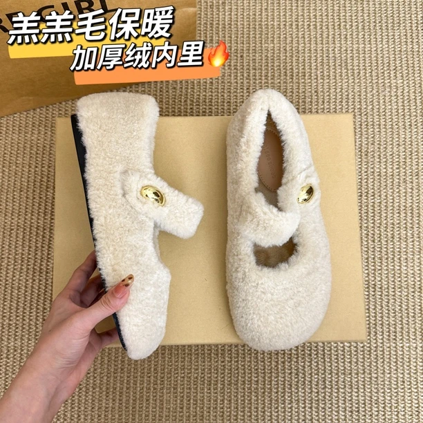 法式平底白色玛丽珍浅口毛毛鞋女外穿秋冬加绒保暖芭蕾豆豆棉单鞋