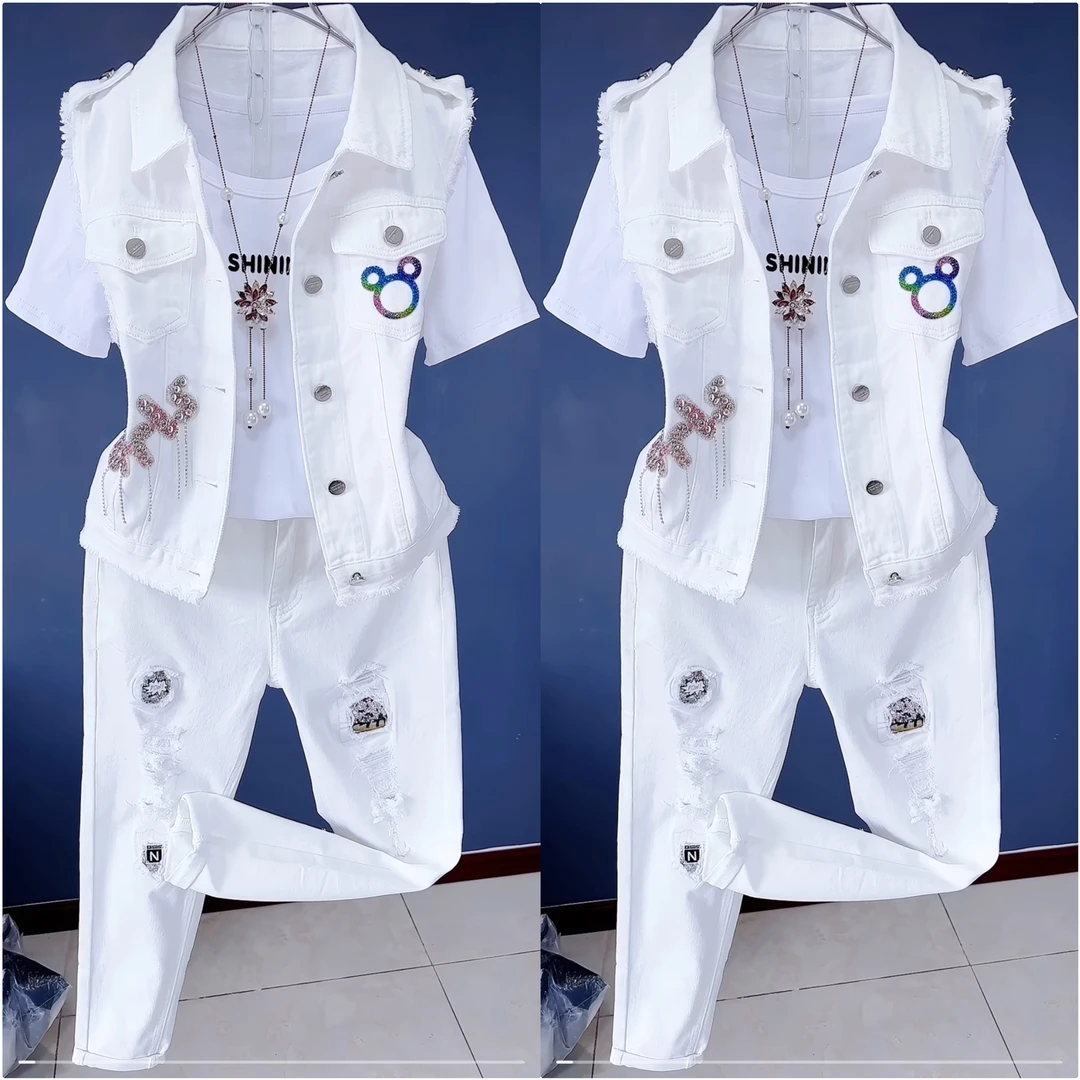 时尚新款牛仔套装破洞重工牛仔裤马甲三件套2025时尚潮流洋气