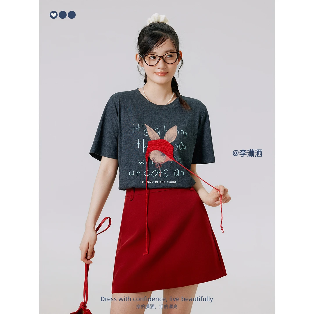 李潇洒微胖大码双版本立体小红帽兔子T恤女韩系撞色百搭收腰上衣