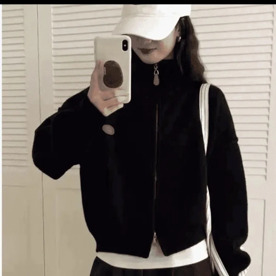 （塔苏）韩版宽松休闲双拉链立领针织开衫加厚简约高级毛衣外套