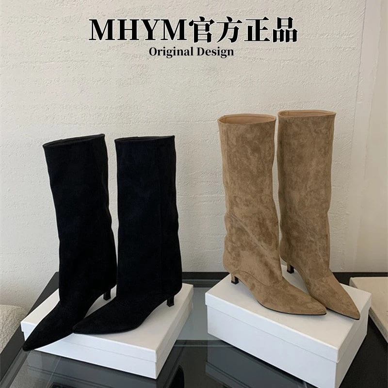 2025年秋冬季新款尖头低跟裤筒靴骑士靴舒适百搭不过膝细跟长靴