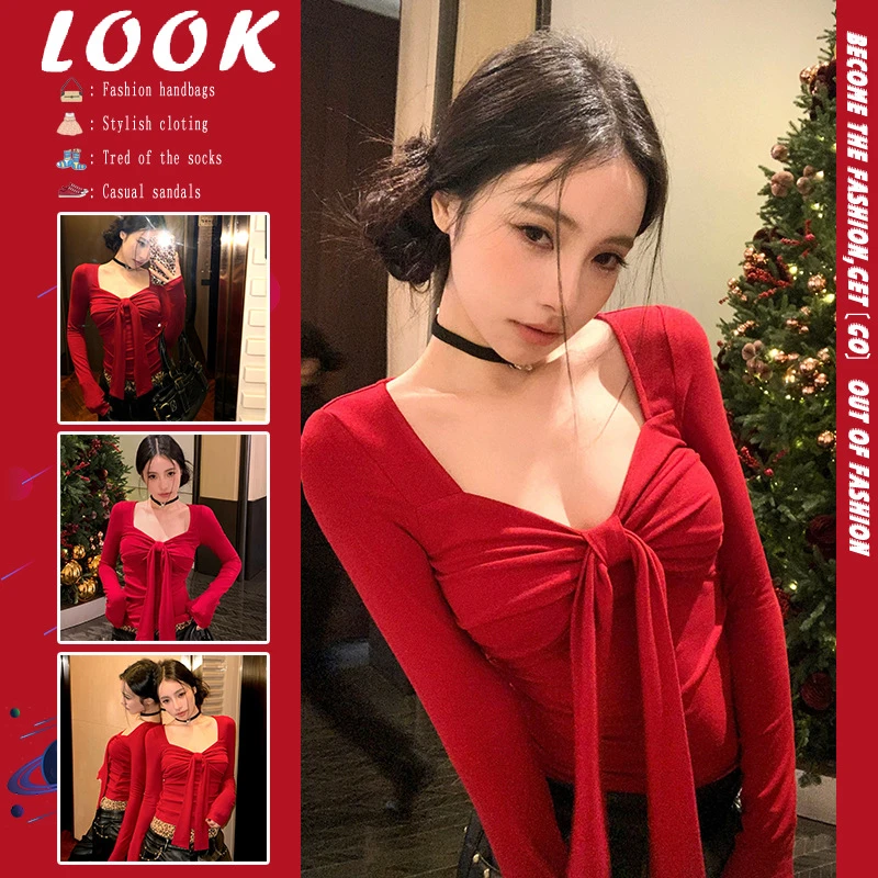 红色蝴蝶结长袖恤女早秋纯欲修身打底衫内搭显瘦穿搭领打底上衣
