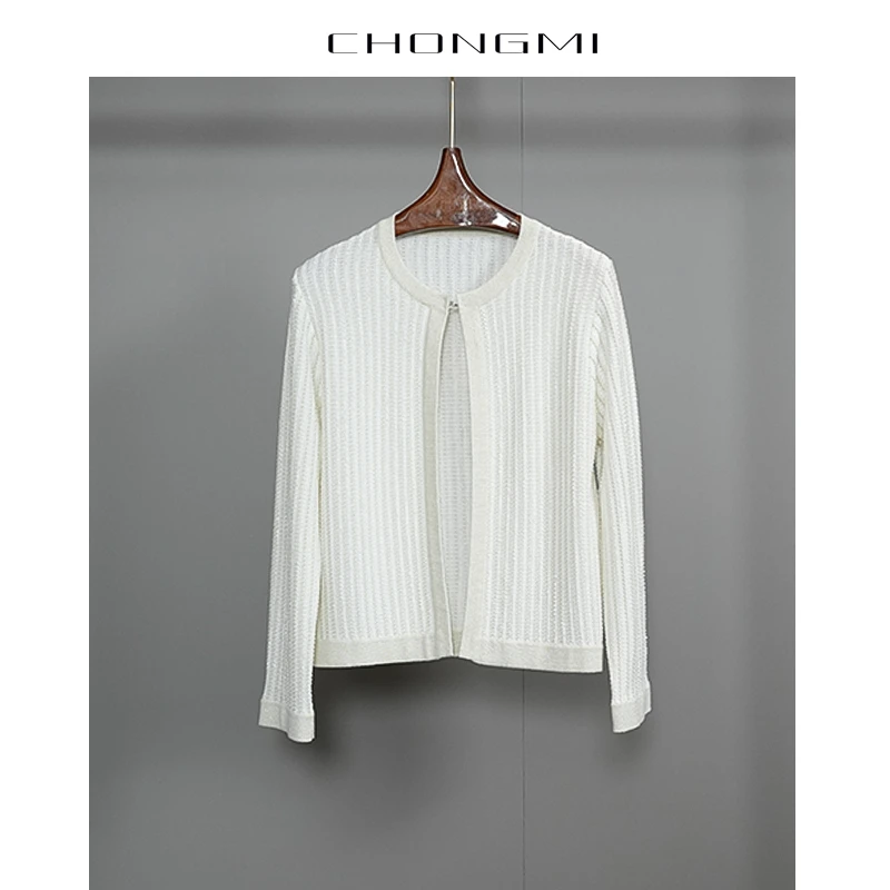 白色丝毛混纺竖条提花毛针织衫2025春季新款时尚气质百搭女士上衣
