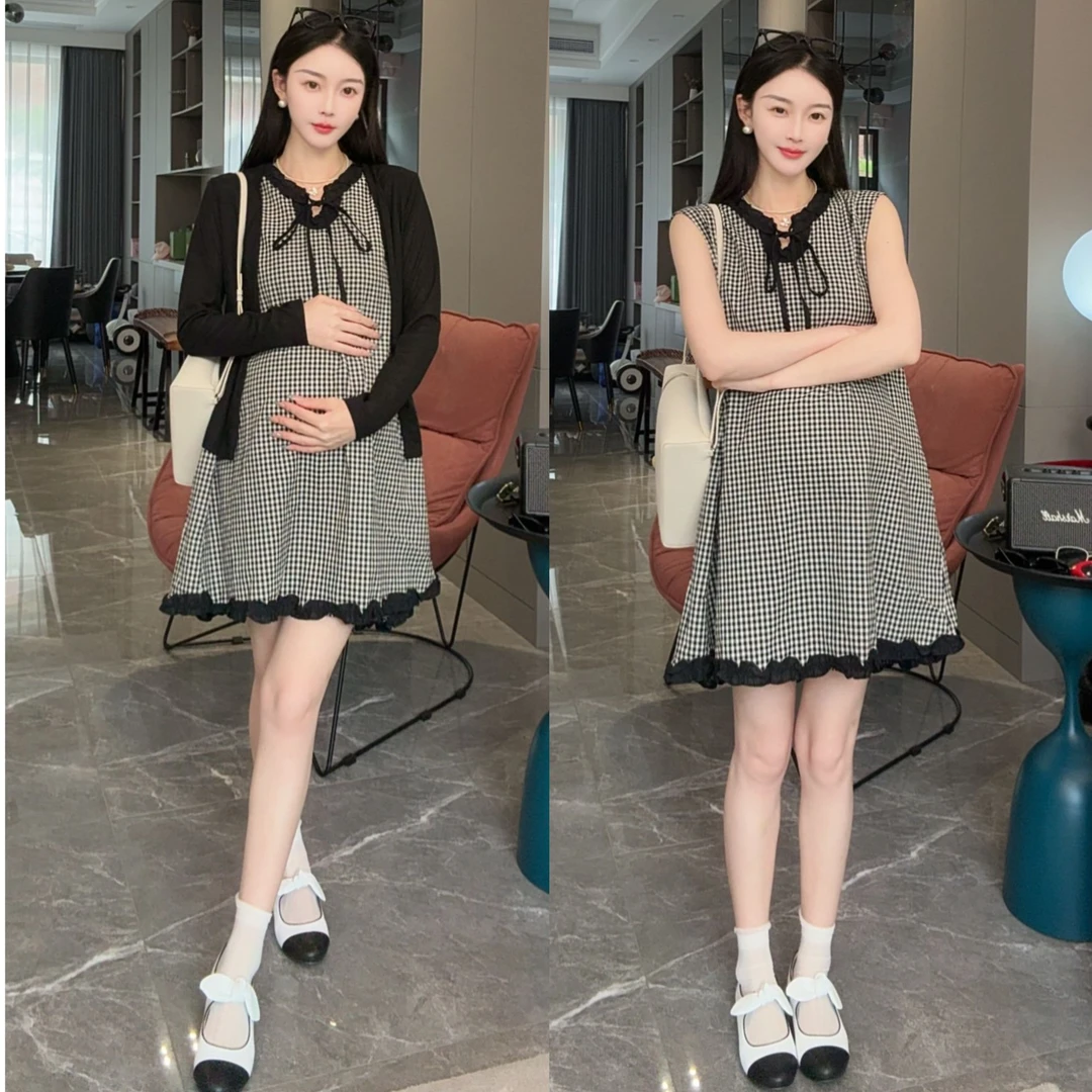 时尚宽松显瘦孕妇装中长裙子女夏季甜美格子木耳边抽绳大码连衣裙