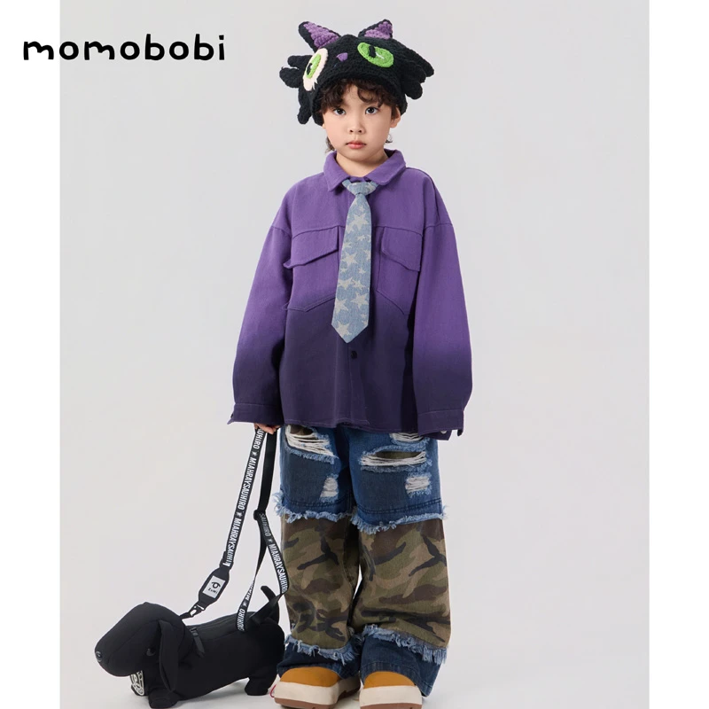 momobobi新款男童工装外套儿童渐变色炸街衬衫个性百搭翻领上衣潮
