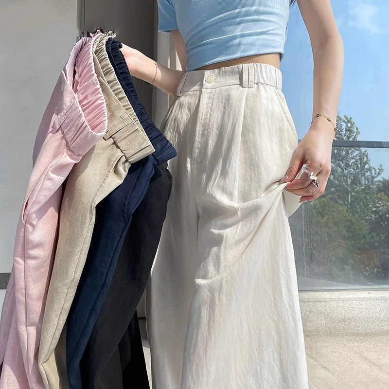 拉夏贝尔天丝亚麻阔腿裤女秋装薄款小个子白色棉麻宽松休闲直筒裤