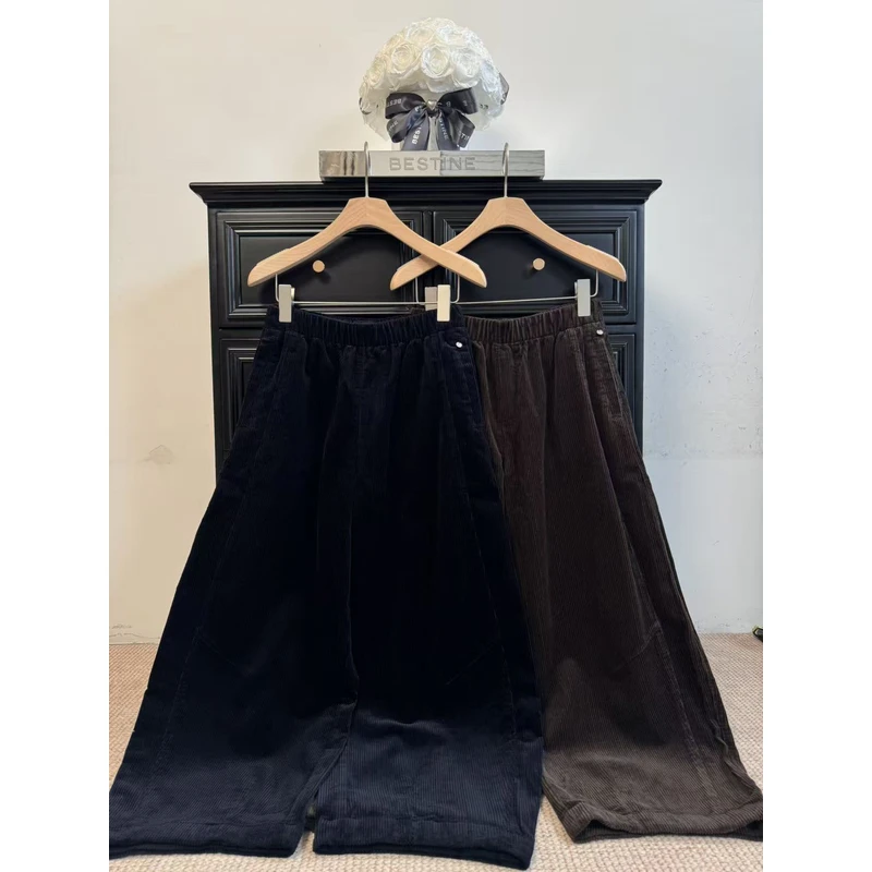 planets2025早秋新款松紧腰灯芯绒休闲裤女宽松显瘦百搭阔腿长裤