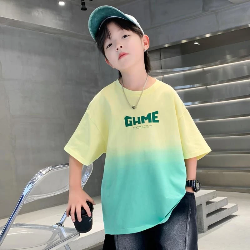 男童短袖t桖2025新款儿童夏装半袖中大童夏季上衣男孩渐变体恤潮T