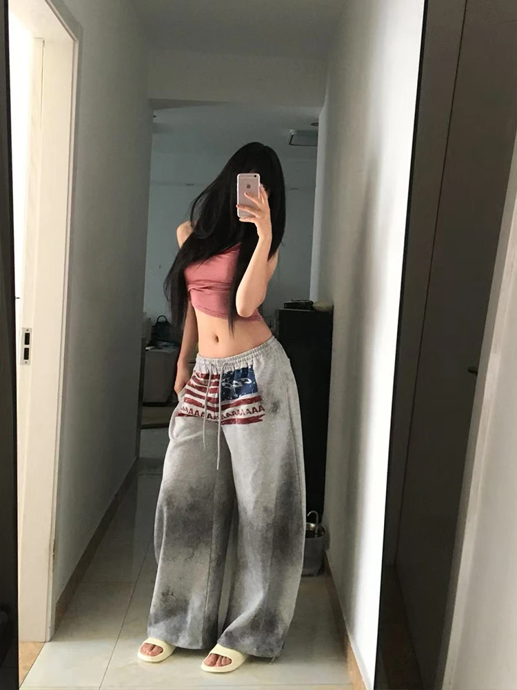 潮牌美式复古字母印花抽绳休闲卫裤女舞蹈宽松辣妹运动弯刀长裤子