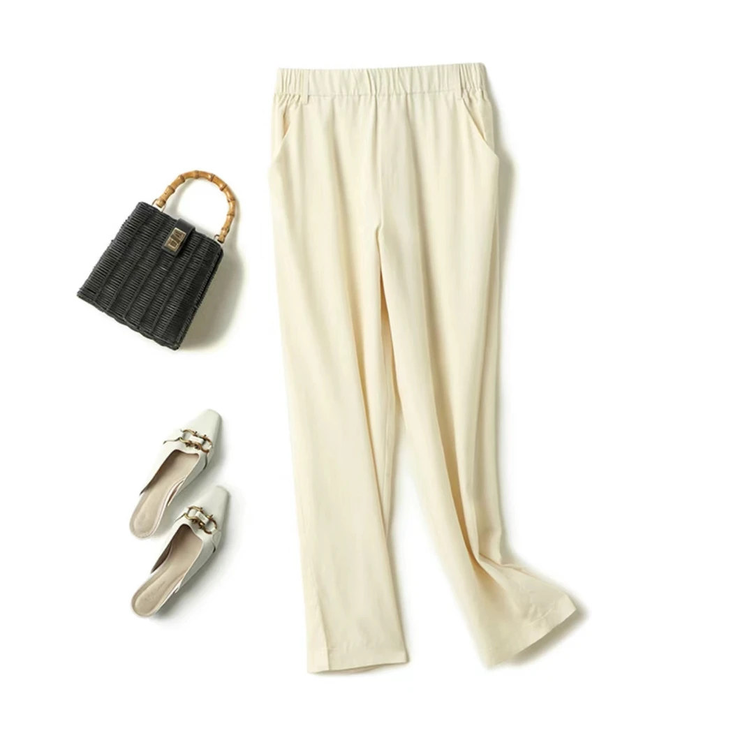 新款百搭垂坠质感桑蚕丝真丝九分休闲裤P9008319