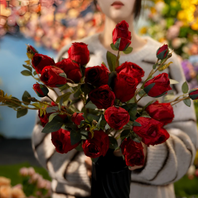 仿真红色玫瑰仿真花假花干花花束客厅摆设客厅餐桌装饰花艺摆件