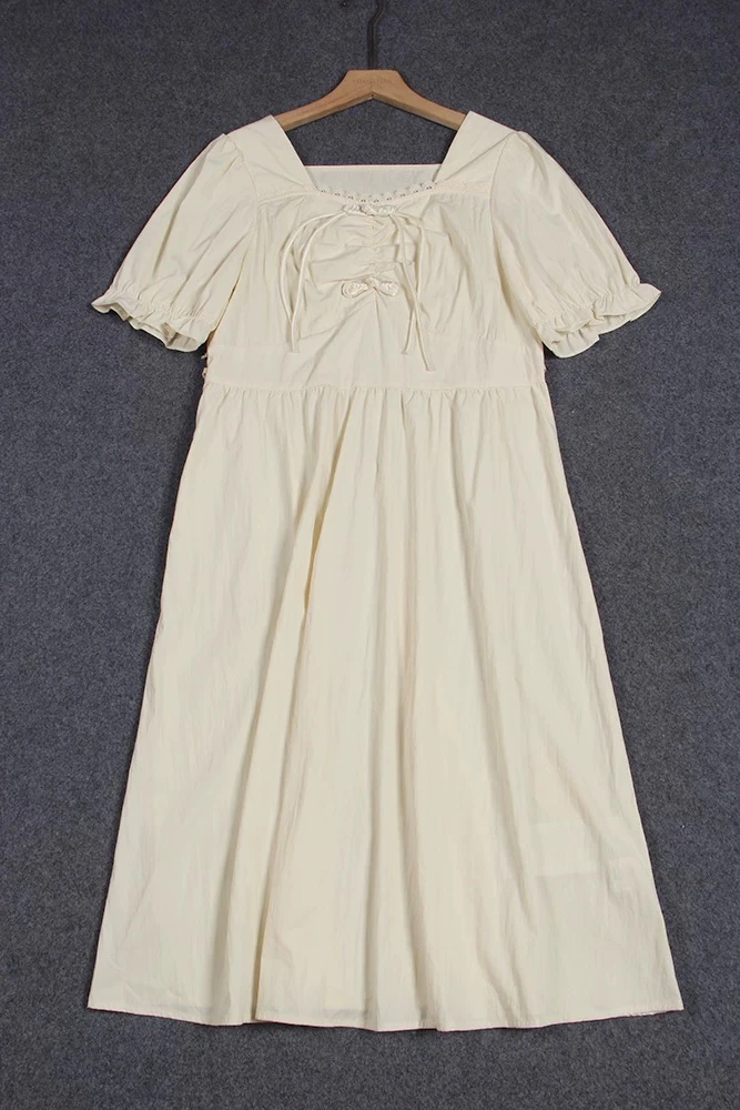 夏季法式复古方领泡泡袖收腰显瘦中长款连衣裙