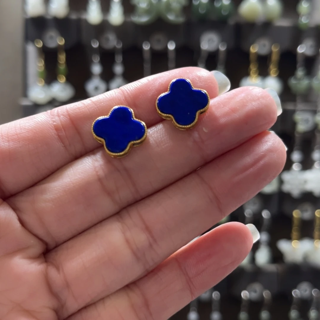 萌****青金石银S925镀金镶嵌耳饰