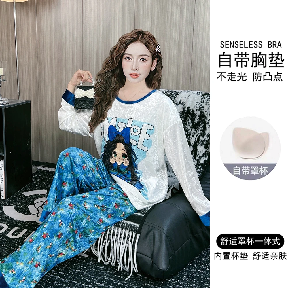 带胸垫2025年新款金丝绒睡衣女春秋季长袖可爱卡通秋冬家居服套装