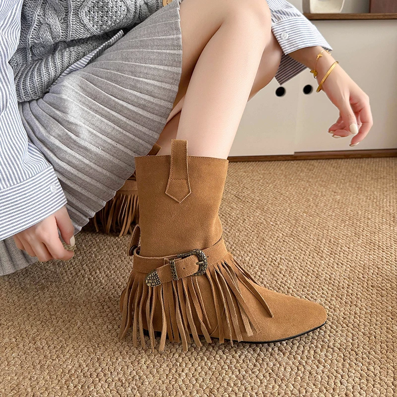 复古内增高流苏短靴女款尖头2025新款早秋美拉德西部靴废土风女鞋