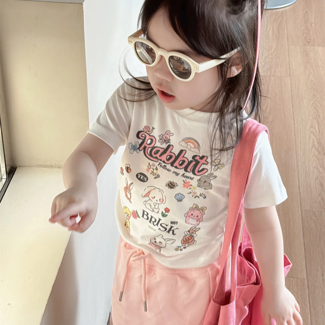 女童印花t恤兔子印花短款体恤上衣夏季N922圆领女团风
