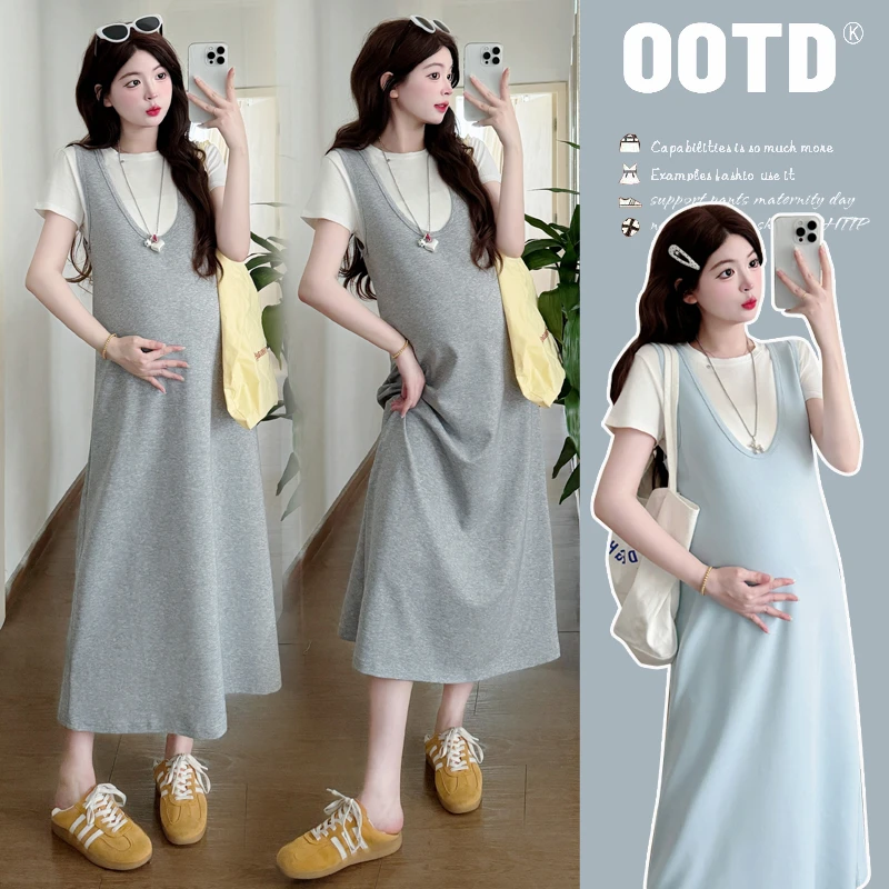 懒洋洋现货实拍2025夏装新款韩版时尚孕妇上衣+背心裙两件套套装
