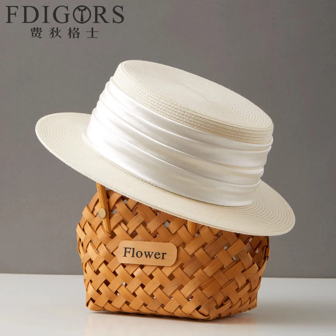 DIGORS草帽女款夏季法式平顶防晒度假遮阳礼帽白色褶皱出游沙滩帽