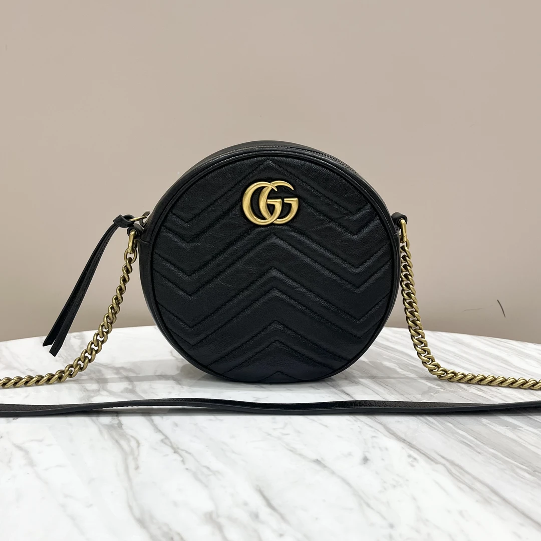 99新 GUCCI/古驰 98新 黑金马蒙圆饼包 约18*18