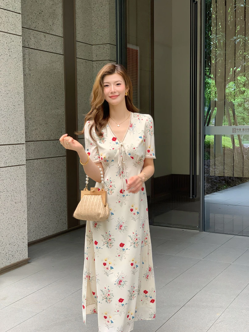 【大眼妹儿专属】莫莉庄园碎花短袖高腰显瘦气质长款杏色夏季连衣裙