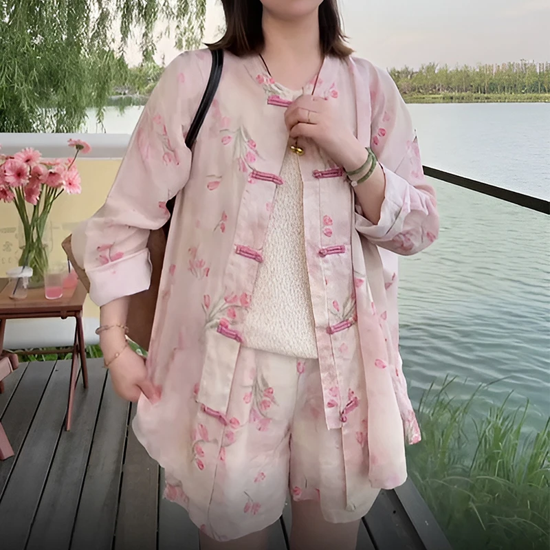 气质国风文艺出游减龄防晒衬衫短裤两件套2025夏季宽松休闲显瘦女
