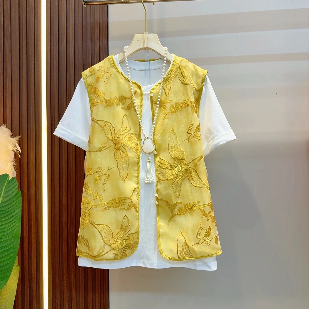 刺绣夏季复古纽扣时尚气质套装宽松型马夹拼接薄款民族风98069