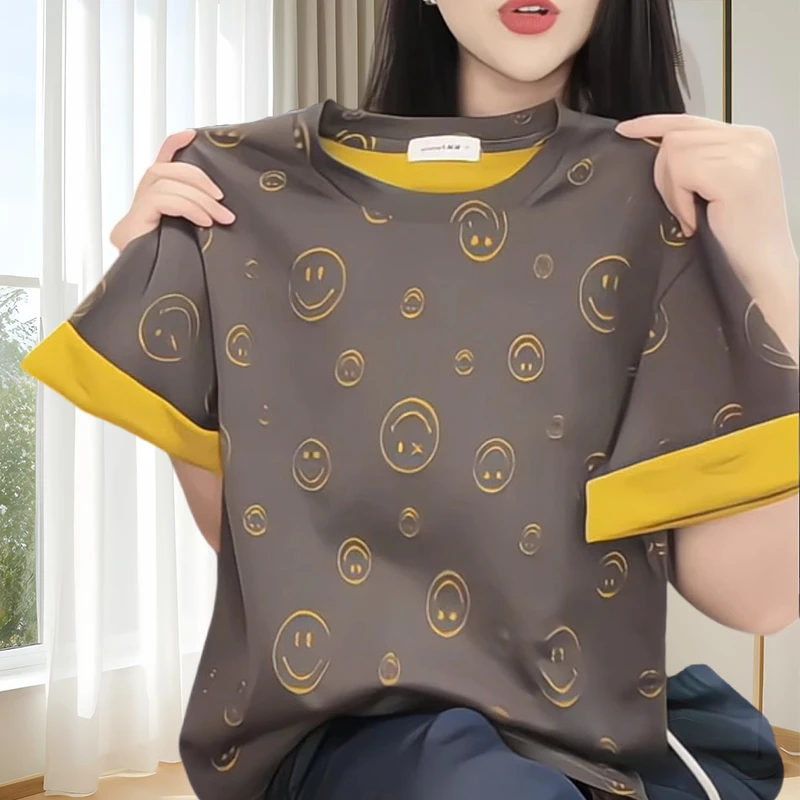 纯棉2025夏款满印笑脸短袖t恤女洋气显瘦上衣小众炸街高级感女装