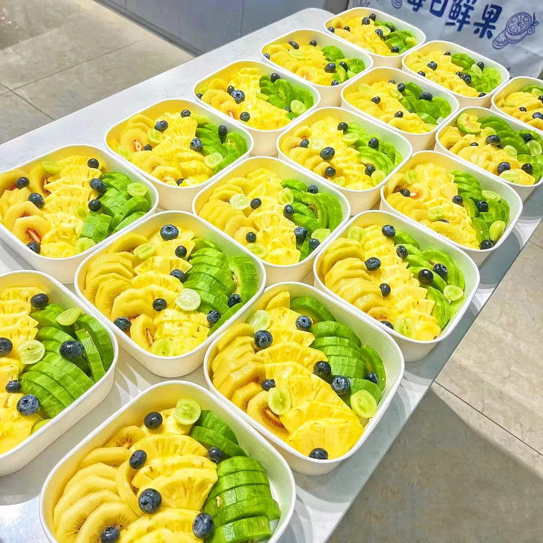 白色正方形果切盒子一次性水果带盖盒水果店加厚牛皮纸水果打包盒