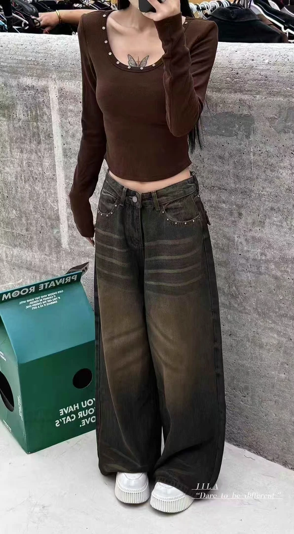 6150无弹猫须高腰复古水洗秋季牛仔裤