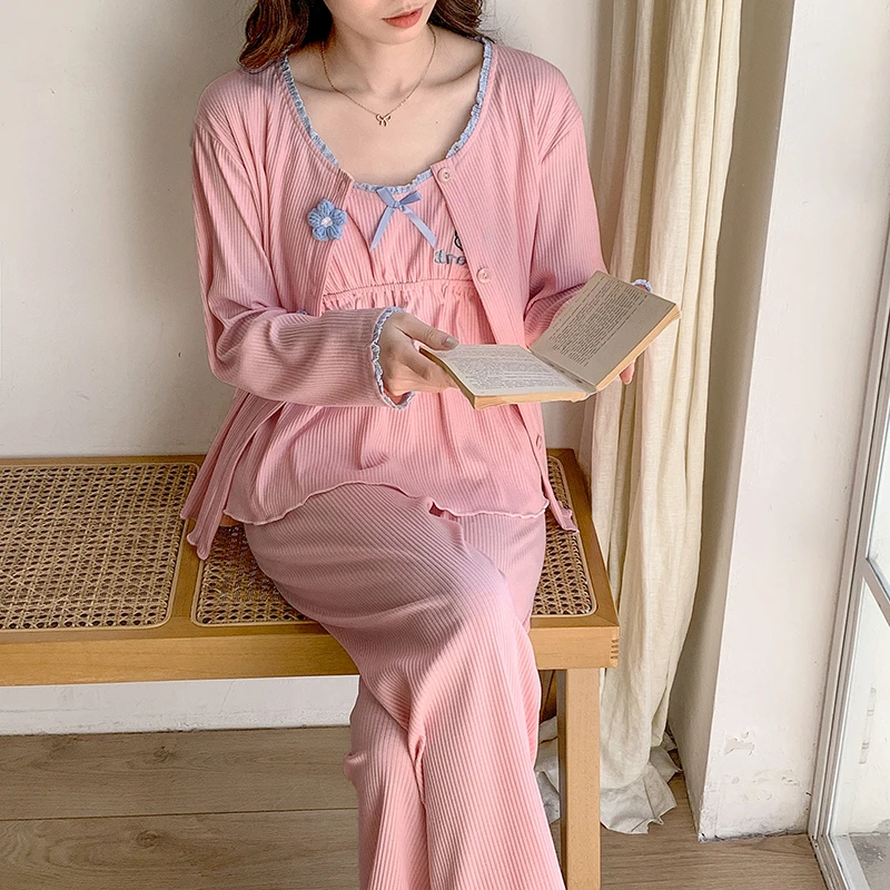 带胸垫春秋季新款螺纹棉睡衣女士甜美风玫瑰吊带长袖三件套家居服