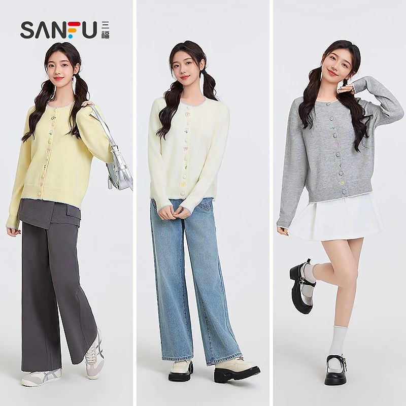 三福开衫刺绣设计圆领毛衣时尚上衣女装【商场同款新品】497073