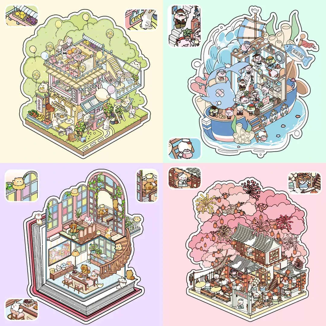 原创新款造景贴纸微缩场景贴纸3D立体小屋堆叠创意解压手工DIY贴