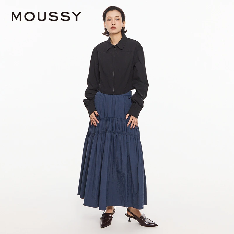 MOUSSY 夏季纯色收腰翻领拉链通勤休闲衬衫女028HSZ30-0981