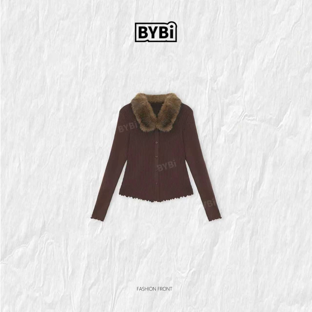 Barbie Siyu【美学馆】9602冬季时尚毛领可拆取单排扣气质毛衣