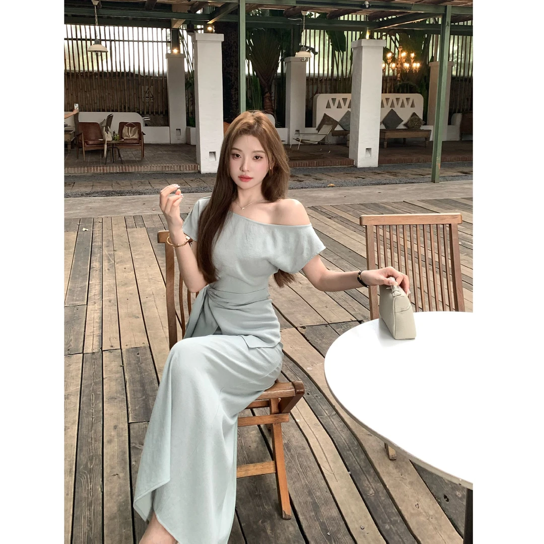 SZA【白玉兰山】夏季新款简约通勤绑带设计上衣+半身裙套装A-2022