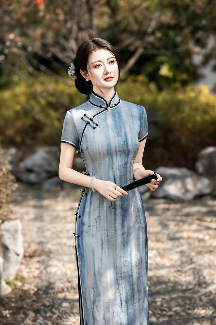 旗袍 长款 双层 侧八扣（衣长约125cm）W447  阑珊处